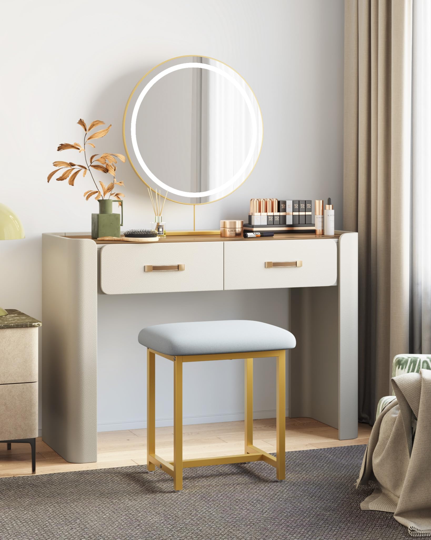 Mondeer Dressing Table Stool, Foot Stool with Gold Legs, White Soft Padded Vanity Stool for Bedroom Modern Style, 41 x 30 x 45cm