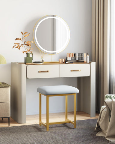 Mondeer Dressing Table Stool, Foot Stool with Gold Legs, White Soft Padded Vanity Stool for Bedroom Modern Style, 41 x 30 x 45cm
