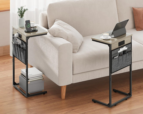 Vagusicc C Shaped End Table with Charging Station, 28" Tall Couch Side Table, Sofa Table Beside Table, Slide Under Sofa Arm C Table for Small Spaces