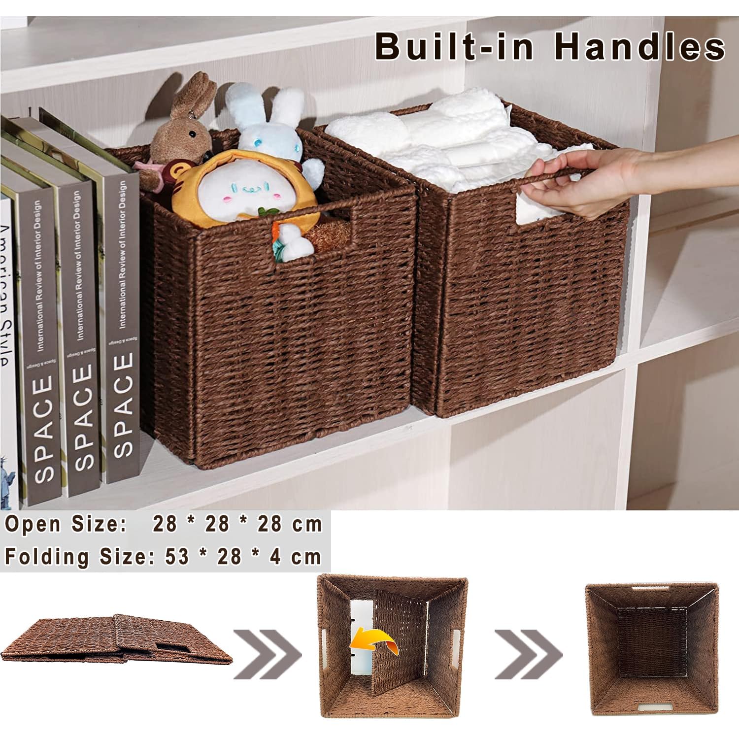 Aluusy Wicker Storage Basket,Foldable Organizer, 28×28×28cm,Brown