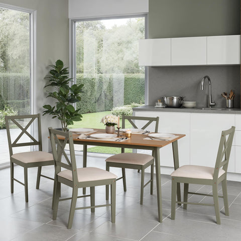 Seconique Balfour 1+4 Dining Set in Sage Green/Oak Effect/Mink Microsuede