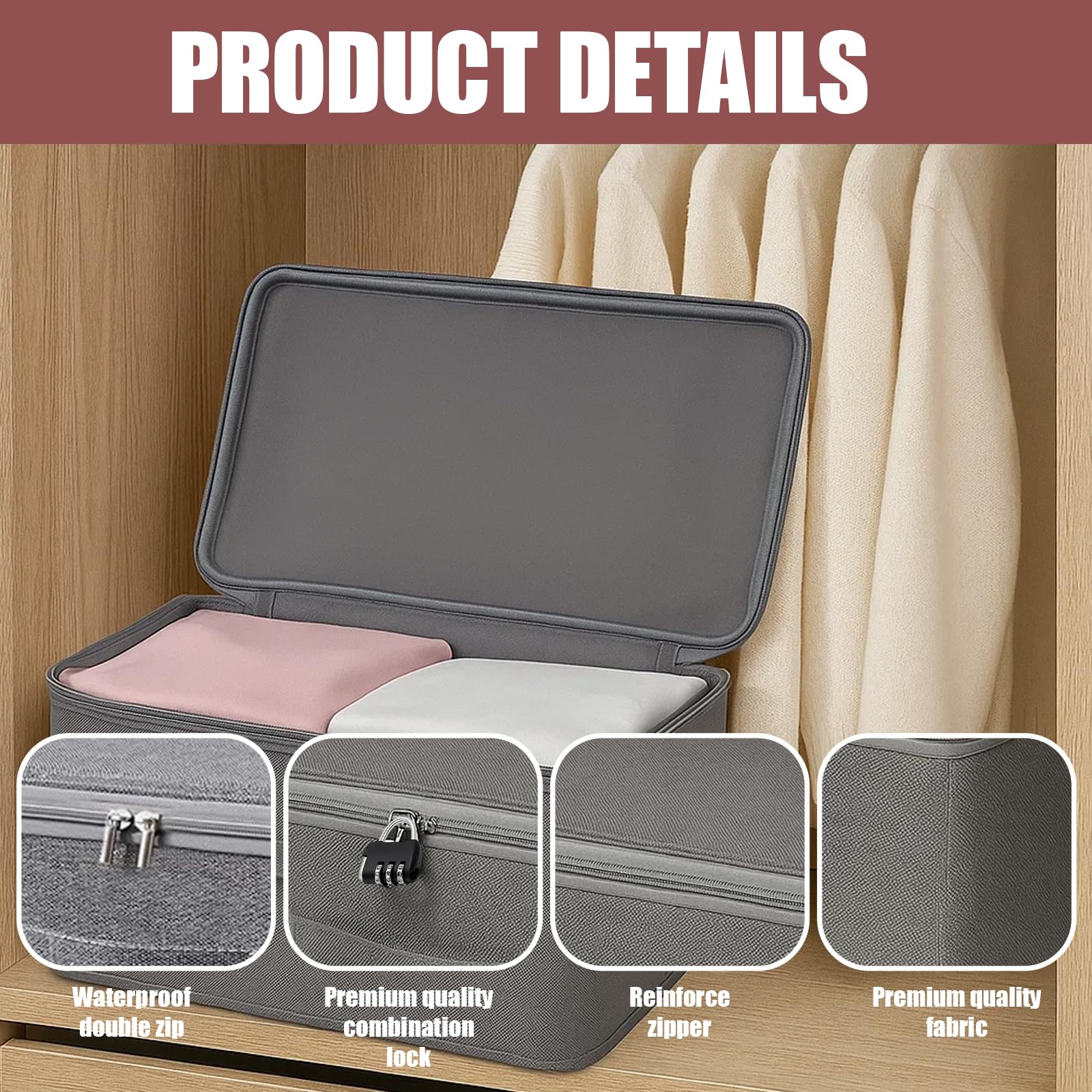 Lockable Storage Box, 2 Pack with Combination Locks, Secure Fabric Storage Box with Lock for Wardrobe, Under-Bed, Dorm Room, Travel