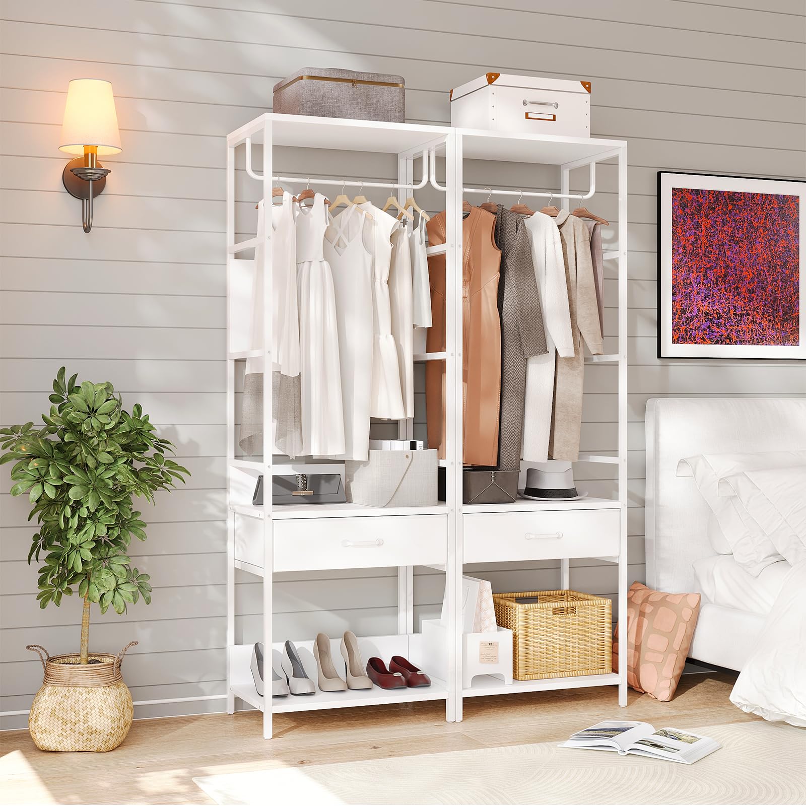 VOWNER Slim Hall Tree Entryway Coat Rack Bench Drawer White Hanging Rod