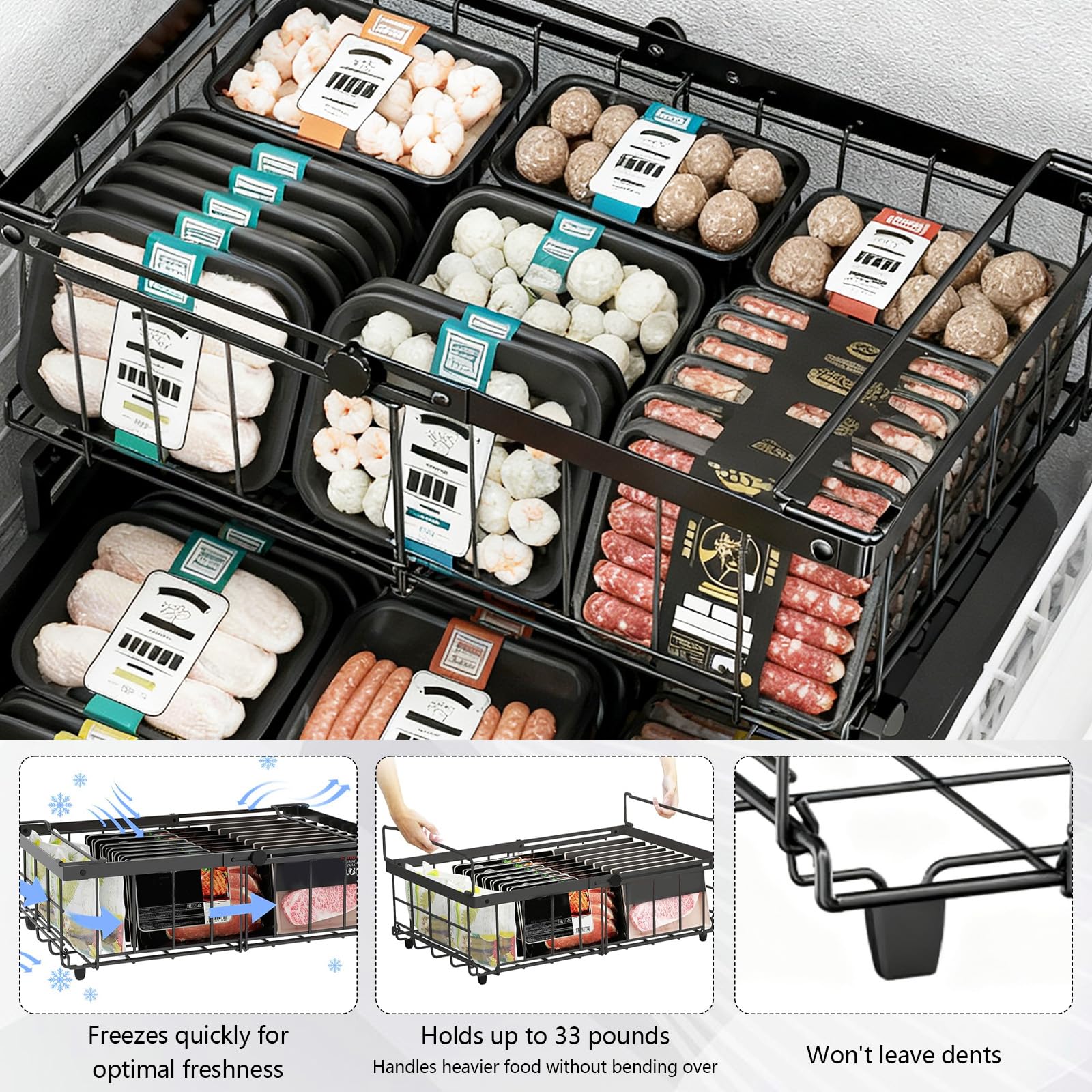 2 Pack Expandable Chest Freezer Baskets, Stackable Freezer Storage Baskets for 140L-570L Chest Freezers