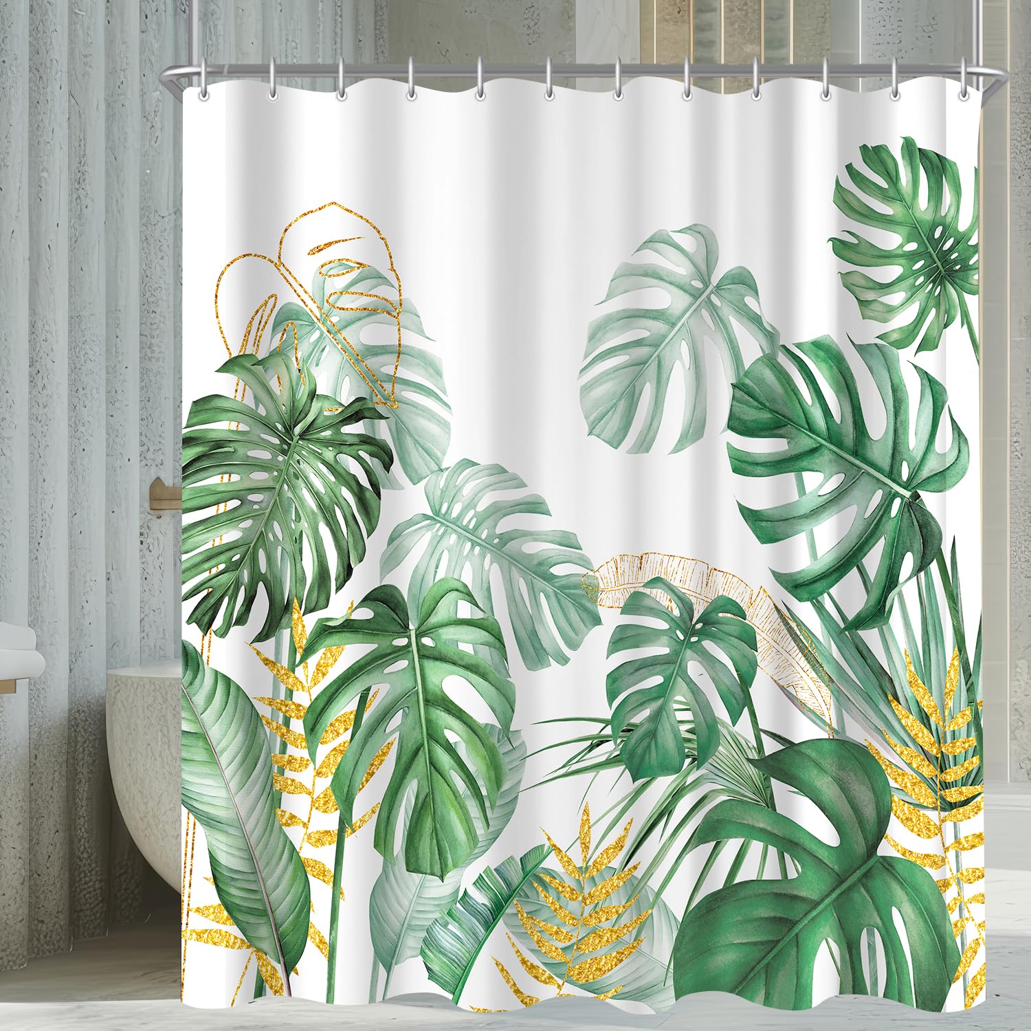 Shower Curtain, 120 x 180 cm, Golden Edged Bamboo Leaves Motif, Weighted Hem, Anti-Mould, Water-Repellent