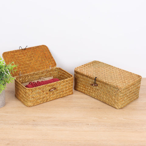 FEIALNDUO Wicker Shelf Baskets with Lid,Seagrass Storage Basket Bins Rectangular Handwoven Basket Boxes for Shelves Desktop Home Organizer