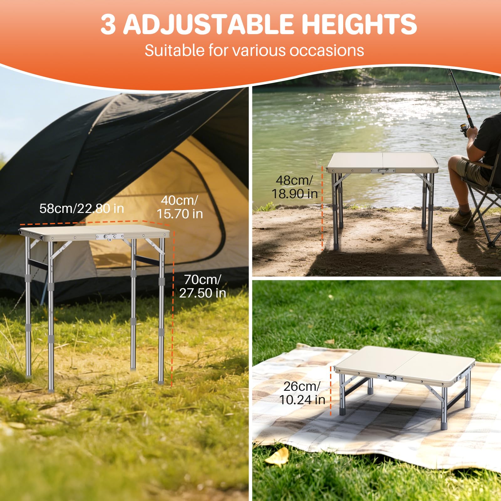 FUNYKICH Camping Table with Plastic Tabletop 58x40cm, 3 Height Adjustable Small Folding Table
