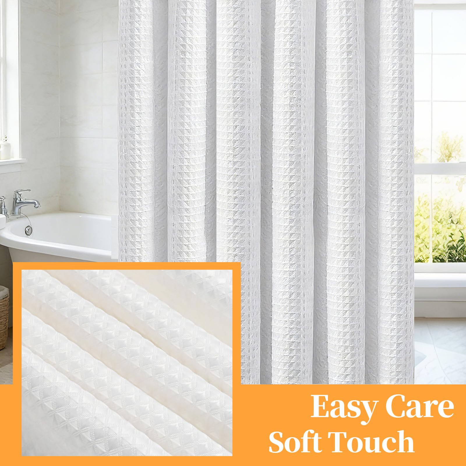 MospdyGear Water and Mould Proof Shower Curtain, White Waffle Weave Machine Washable 180x180cm with Hooks, Easy Clean Bathroom Decor
