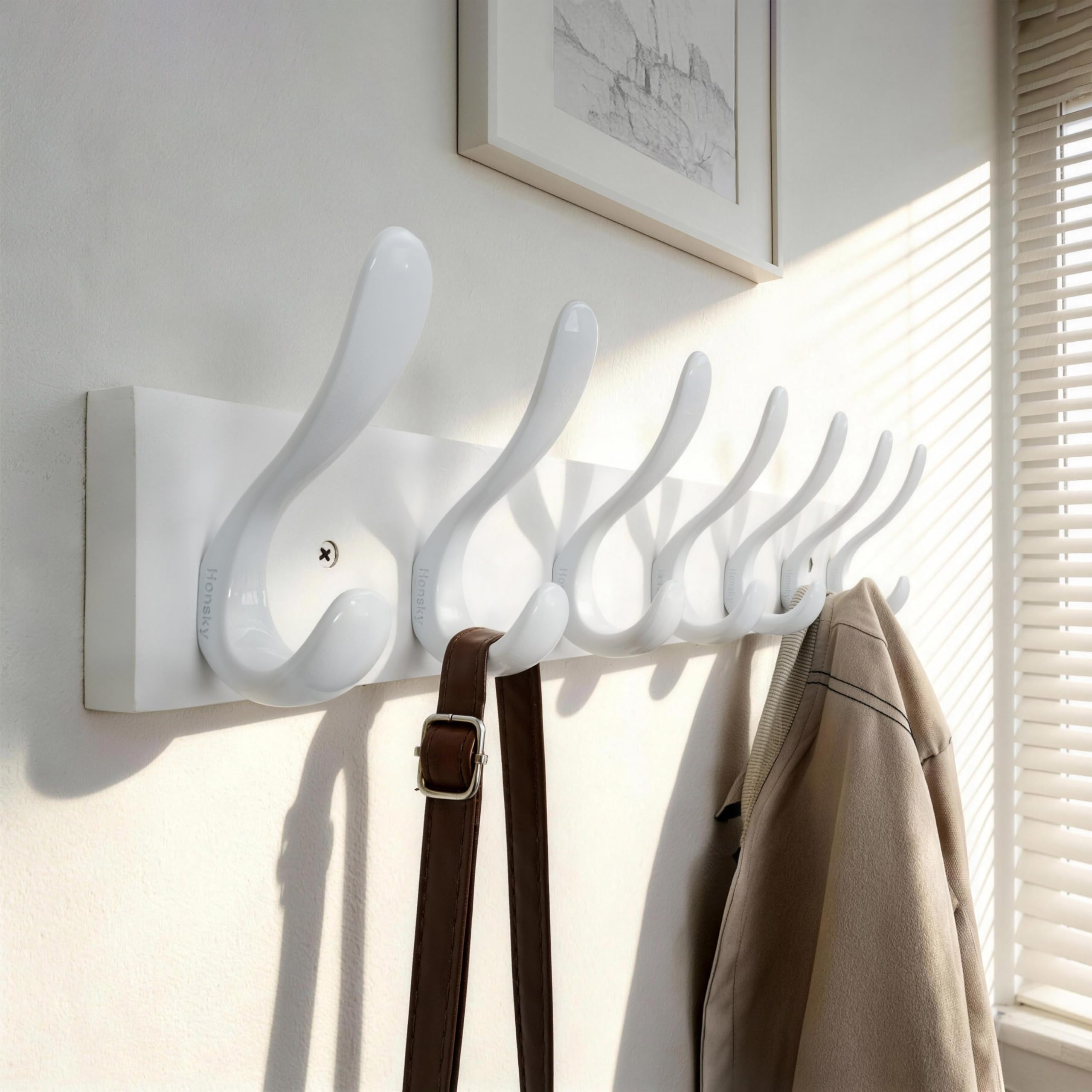 HONSKY Wall Coat Rack, 53cm Wooden Coat Hanger with 7 Double Hooks,Wall Coat Hook,Towel Rack Hanging Coat,Towel,Bag for Entryway, Hallway, Bedroom