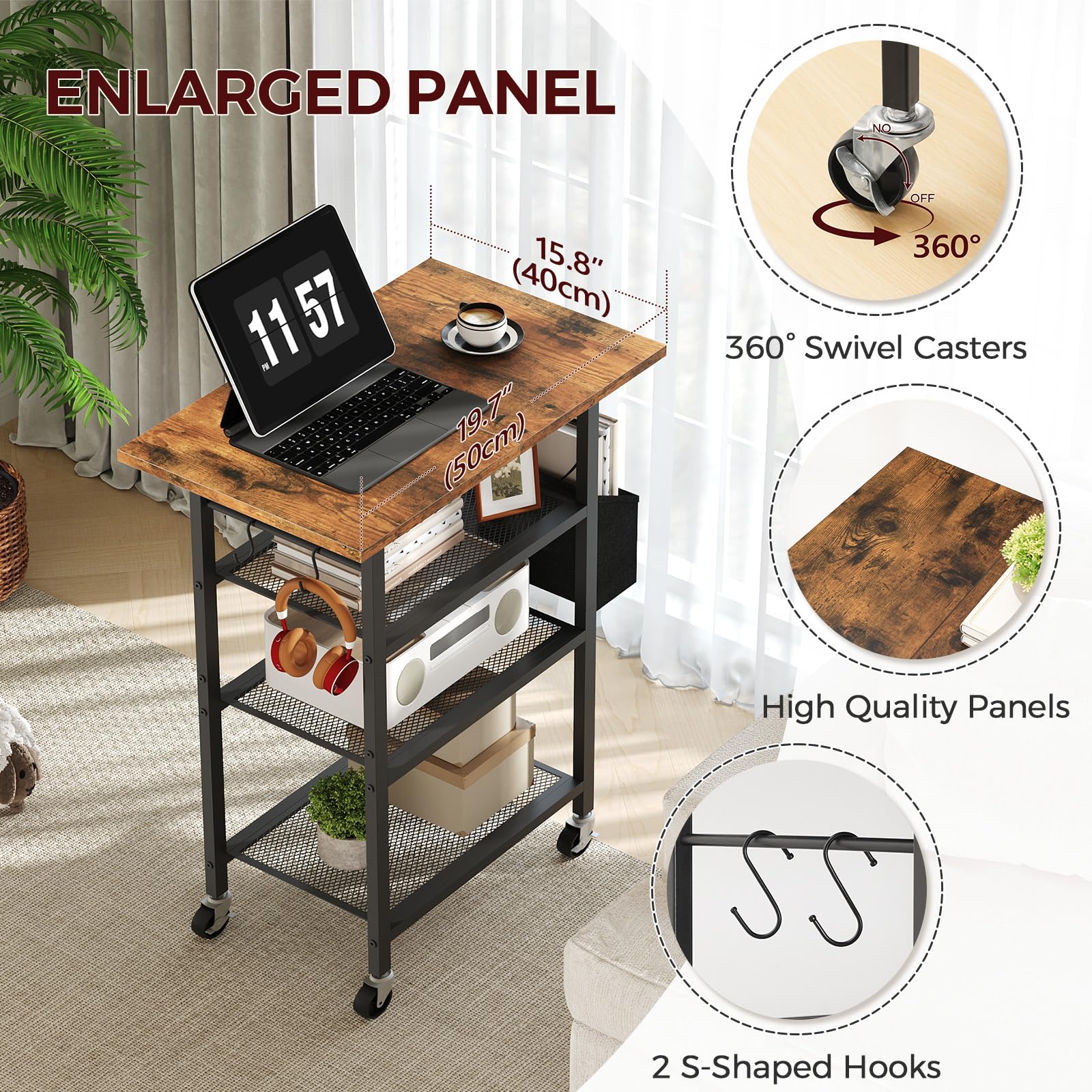 MAHANCRIS 4-Tier Printer Stand, Rolling Printer Table on Wheels, Industrial Storage Stand with Side Pocket, Wooden Tabletop