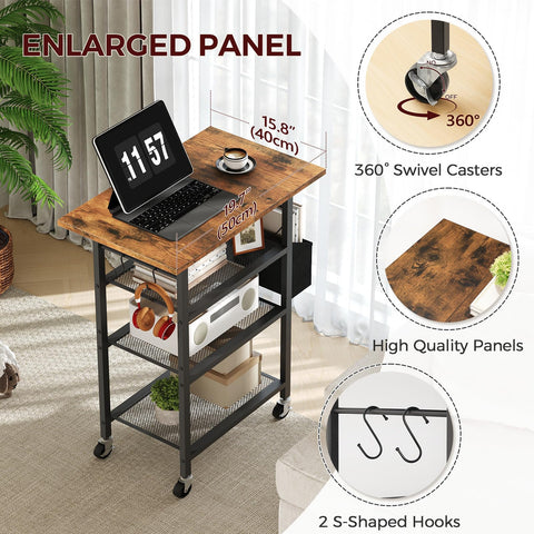 MAHANCRIS 4-Tier Printer Stand, Rolling Printer Table on Wheels, Industrial Storage Stand with Side Pocket, Wooden Tabletop