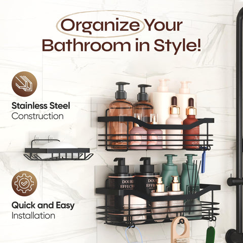 Zor Ventures Shower Caddy 3 Pack No Drill – Self Adhesive Bathroom Caddy, Wall Mounted Shower Organiser with Shelf & Rack, Soap Holder & Hooks