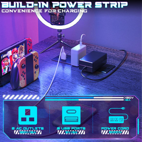 iSunirm Gaming Desk with LED Lights & Power Outlet, Reversible Computer Desk with Moveable Monitor Stand