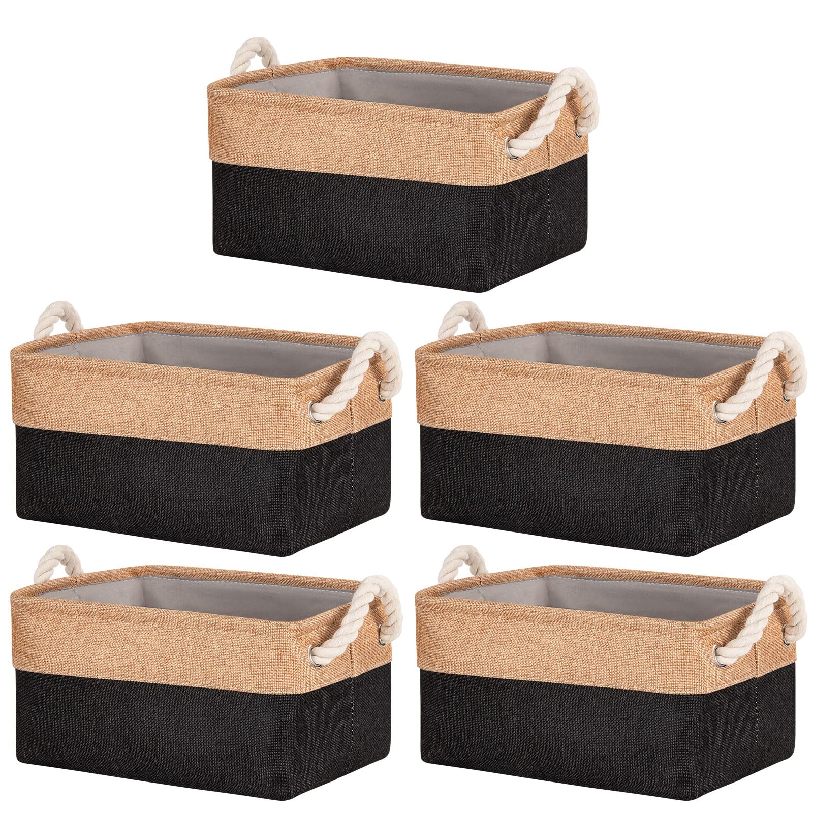 5 Pack Storage Baskets for Shelves with Cotton Rope Handles, Foldable Fabric Canvas Material Storage Boxes Organiser for Clothes, Toys