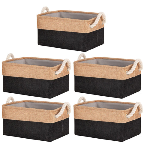 5 Pack Storage Baskets for Shelves with Cotton Rope Handles, Foldable Fabric Canvas Material Storage Boxes Organiser for Clothes, Toys