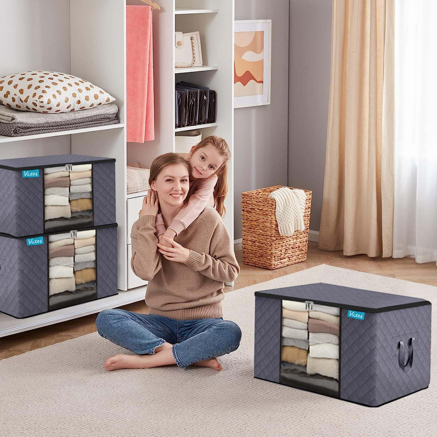KURNI Storage Bags | Clothes Organizer Boxes, Foldable 3 Pack Grey, 90L Capacity, 3 Sided Zipper Moving Large Bag. Dust & Moisture Proof