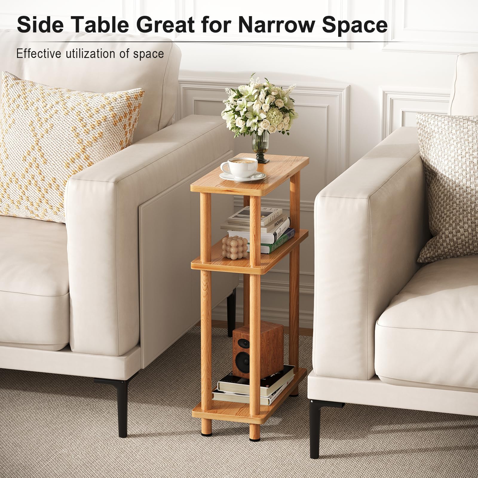 APICIZON Narrow Side Table, Slim Small Table, 3 Tier End Table Living Room, 40x18x61.5cm, Modern Thin Side Table for Living Room, Bedroom, Sofa
