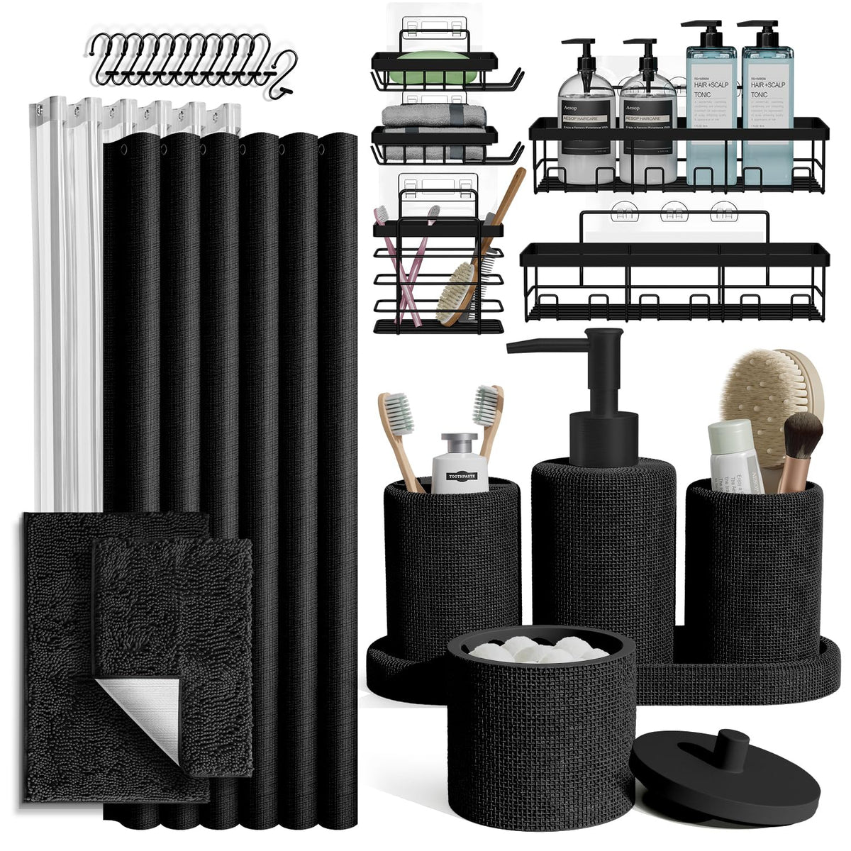 Clara Clark Black Bathroom Set - Bathroom Sets with Shower Curtain and Rugs, 26PC Bathroom Accessory Set