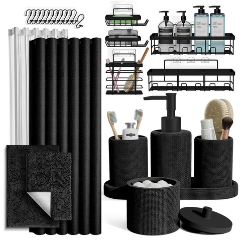 Clara Clark Black Bathroom Set - Bathroom Sets with Shower Curtain and Rugs, 26PC Bathroom Accessory Set