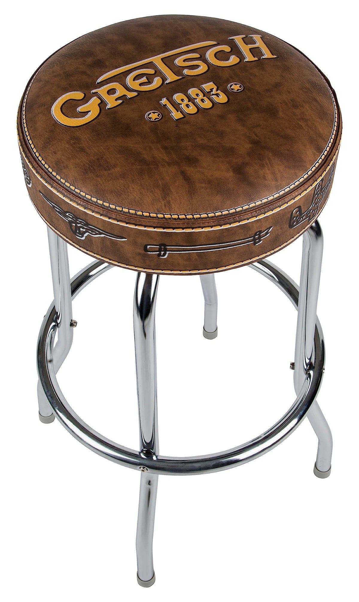 Gretsch "1883" Barstool, Perfect for Guitar Players and Fans, Matte Yellow Gretsch Logo Barstool, Foam Padded, 30", Brown