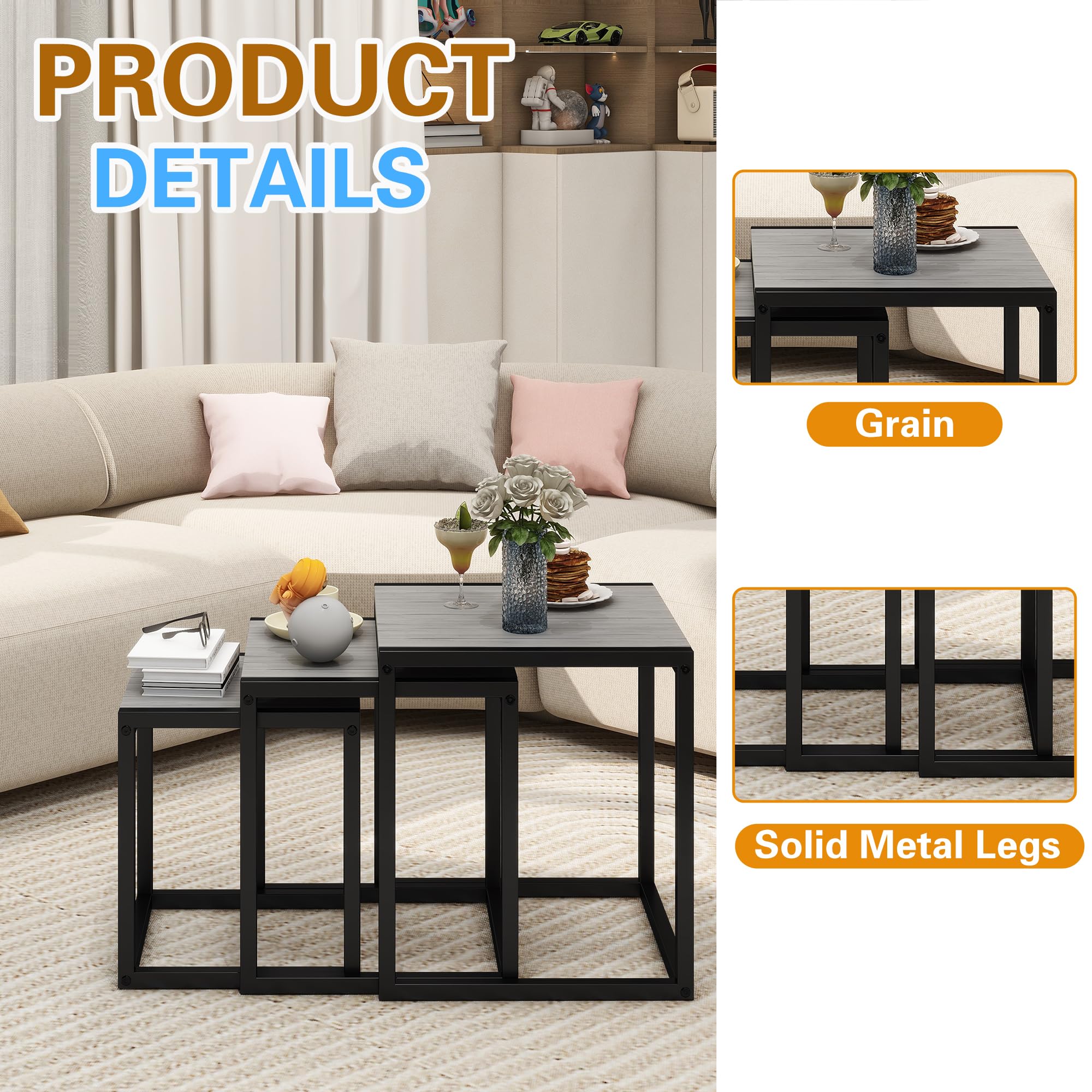 DUMEE Wooden Nesting Tables Set of 3 Coffee Table, Stacking Side End Tables for Living Room, Grey