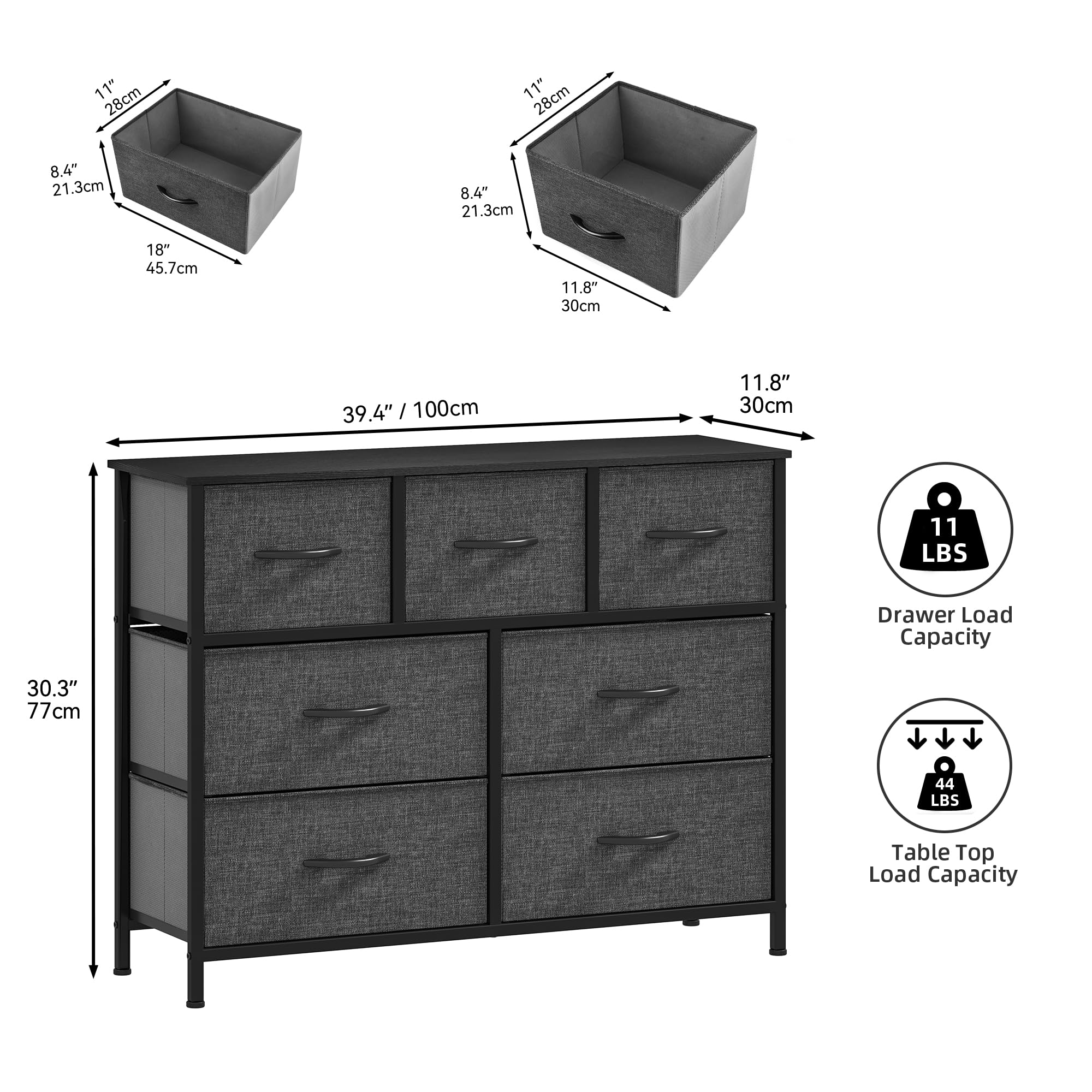 DWVO Wide Chest of Drawers,Fabric Chest of Drawers Bedroom Cabinet with 7 Drawers,Dresser for Bedroom,Living Room With Handles,Wood Top and Sturdy