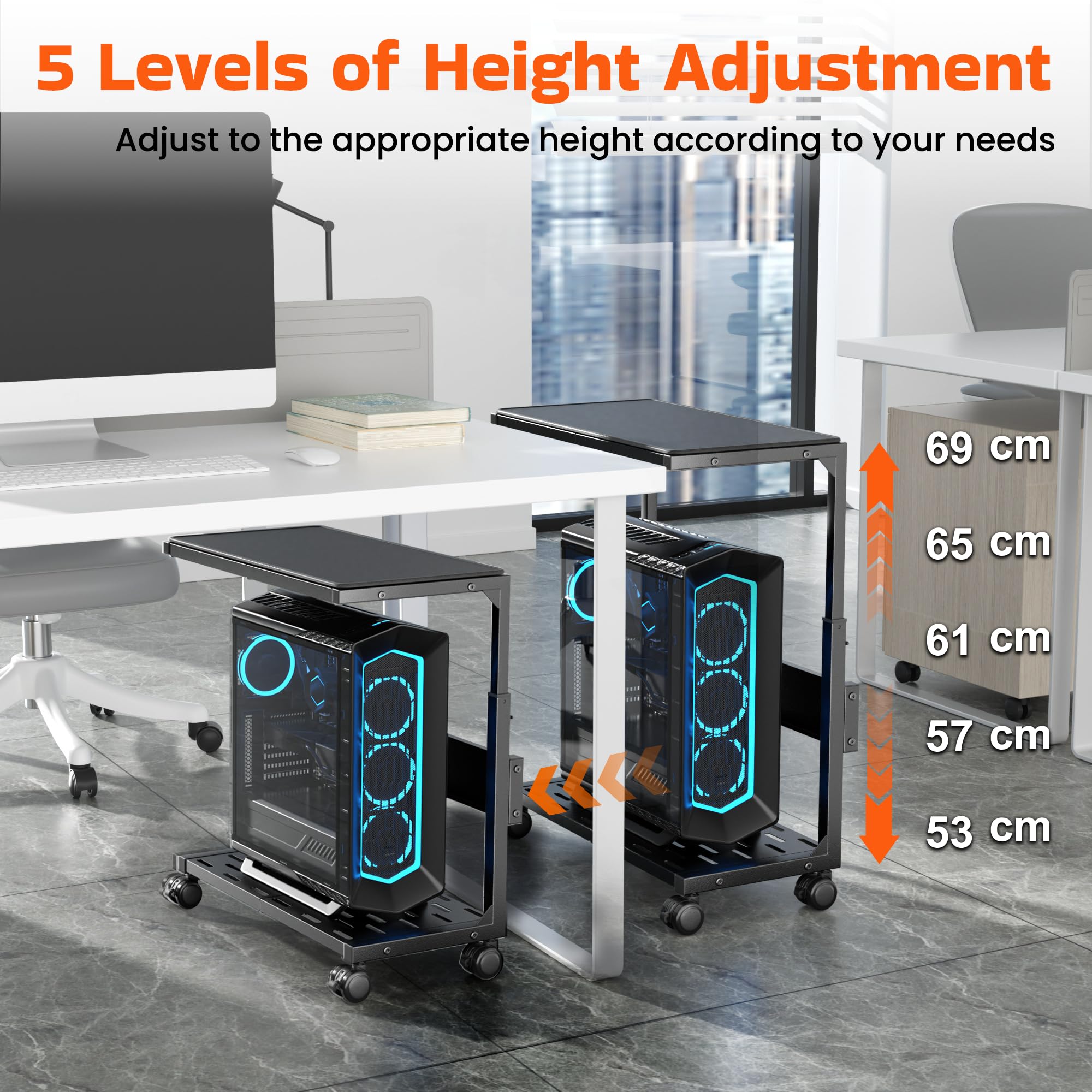 Aquzee PC Stand, Adjustable Computer Tower Stand, Black Heavy Duty Metal Under Desk CPU Floor Stand on Wheels, PC Case Trolley for Carpet