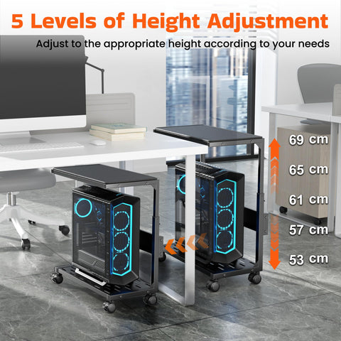 Aquzee PC Stand, Adjustable Computer Tower Stand, Black Heavy Duty Metal Under Desk CPU Floor Stand on Wheels, PC Case Trolley for Carpet
