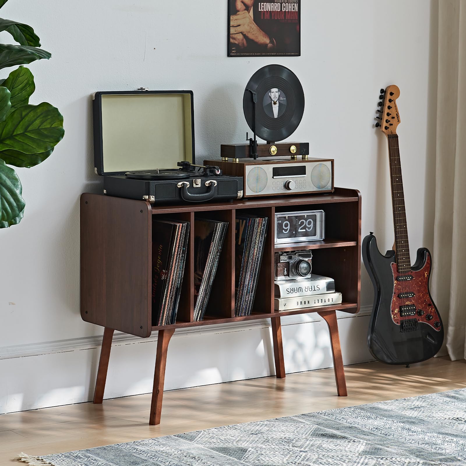 LELELINKY Record Player Stand, 4 Compartments, Holds Up to 220 Records