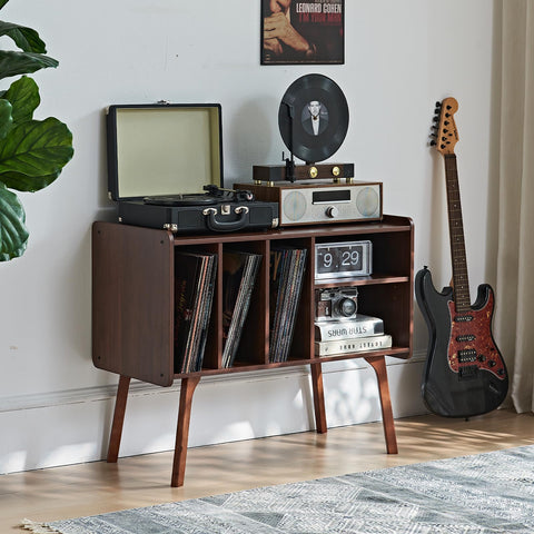 LELELINKY Record Player Stand, 4 Compartments, Holds Up to 220 Records