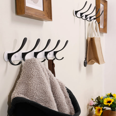 SKOLOO Modern Wall Coat Rack - Metal Mount With 5 Hooks, Sturdy Rail for Hanging Jackets, Clothes, Hats - Black on White