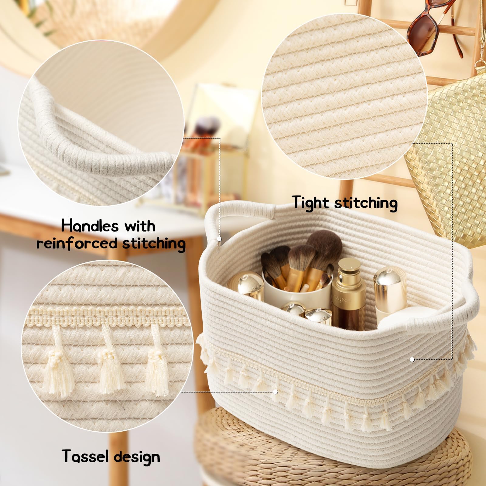 TeoKJ Storage Basket 38x25x22cm – Handwoven with Tassels, Rope Bin for Living Room, Bathroom, Decorative Woven Storage Solution White
