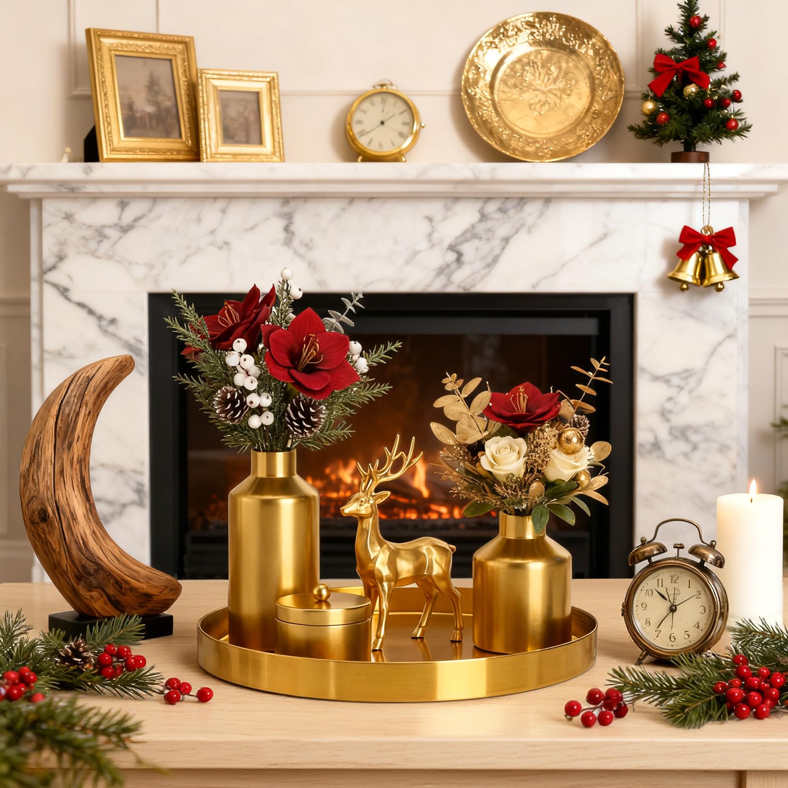 Jucoan 30 CM Round Gold Serving Tray, Modern Brass Decorative Dresser Tray for Jewelry, Perfume, Makeup