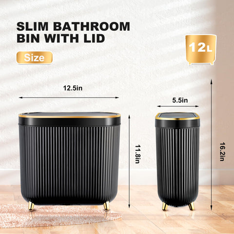 SULIFEEL Bathroom Trash Can with Lid, 3.2 Gallon/12L Black