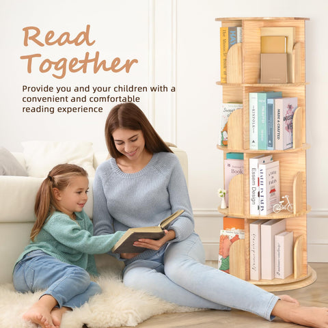 OOOK Wooden Rotating Bookshelf, 4-Tier 360° Spinning Solid Wood Revolving Bookcase, Space-Saving Floor Standing Spinning Bookshelf for Study Room