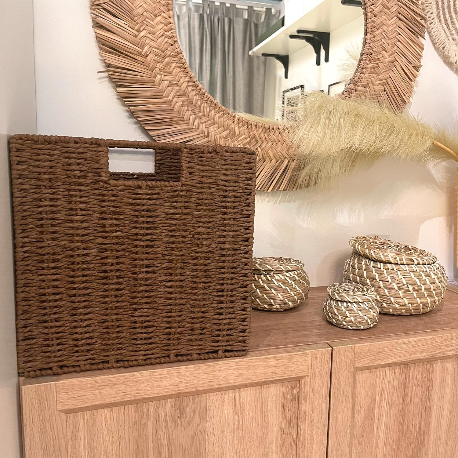 Aluusy Wicker Storage Basket,Foldable Organizer, 28×28×28cm,Brown