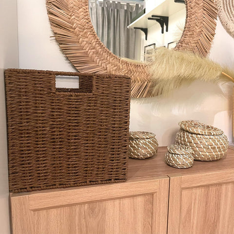 Aluusy Wicker Storage Basket,Foldable Organizer, 28×28×28cm,Brown