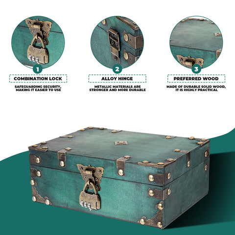 SZHUGEKI Vintage Wooden Treasure Chest Box with Lock, 24 x 17 x 9.5 cm