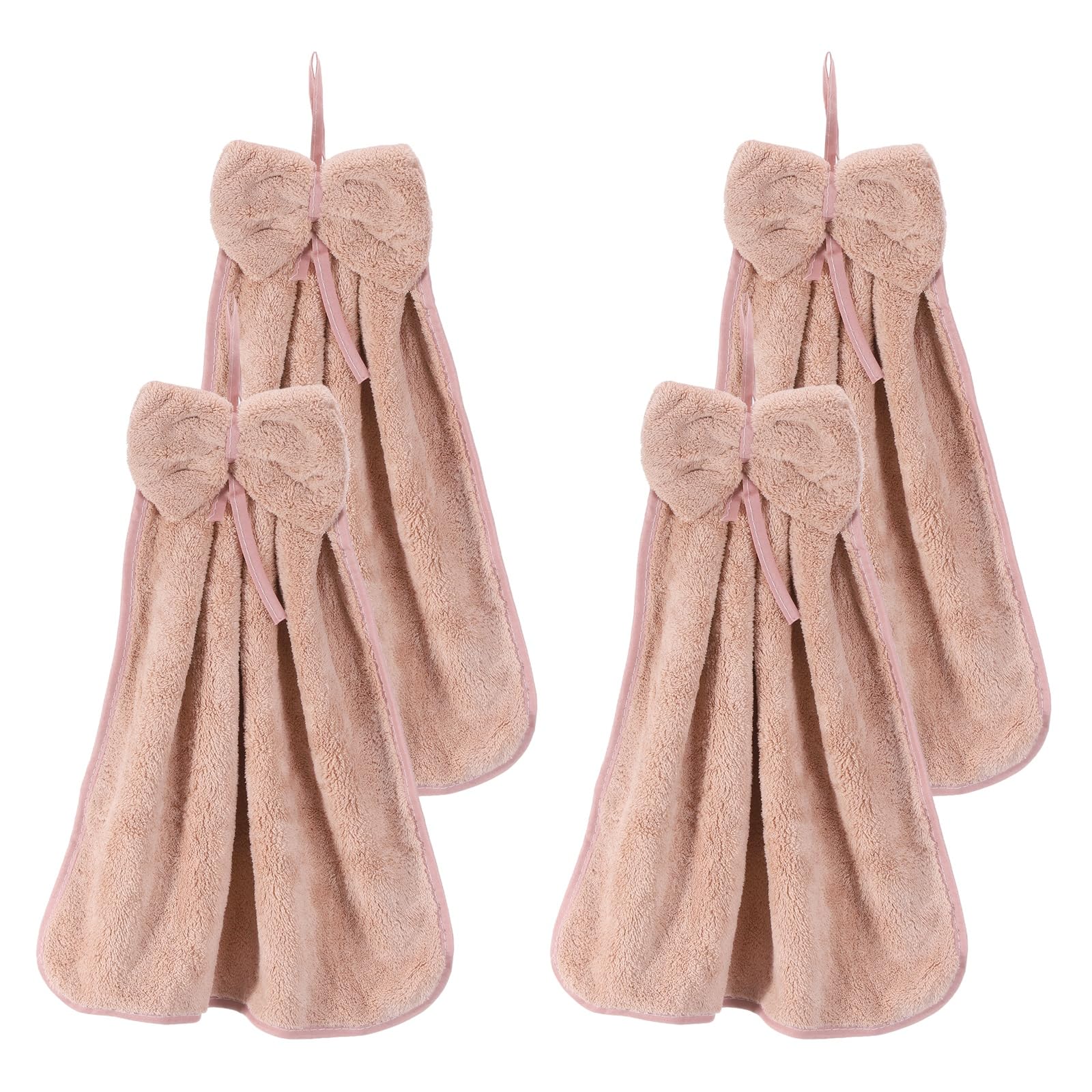 sourcing map 4Pcs Bow Hand Towels with Hanging Loop, 14.2" x 12.2" Soft Coral Fleece Microfiber Bowknot Hanging Hand Dry Towels Quick Dry and