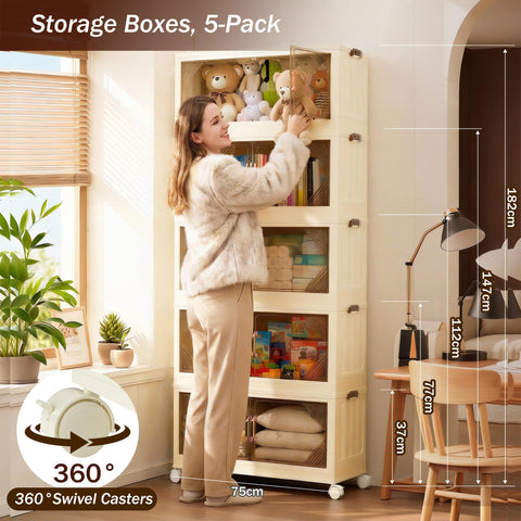 Nordswal 5 Tier Stackable Storage Boxes with Lids, Doors & Wheels, Foldable Collapsible Plastic Storage Organiser, Large Lidded Storage Bins for Home