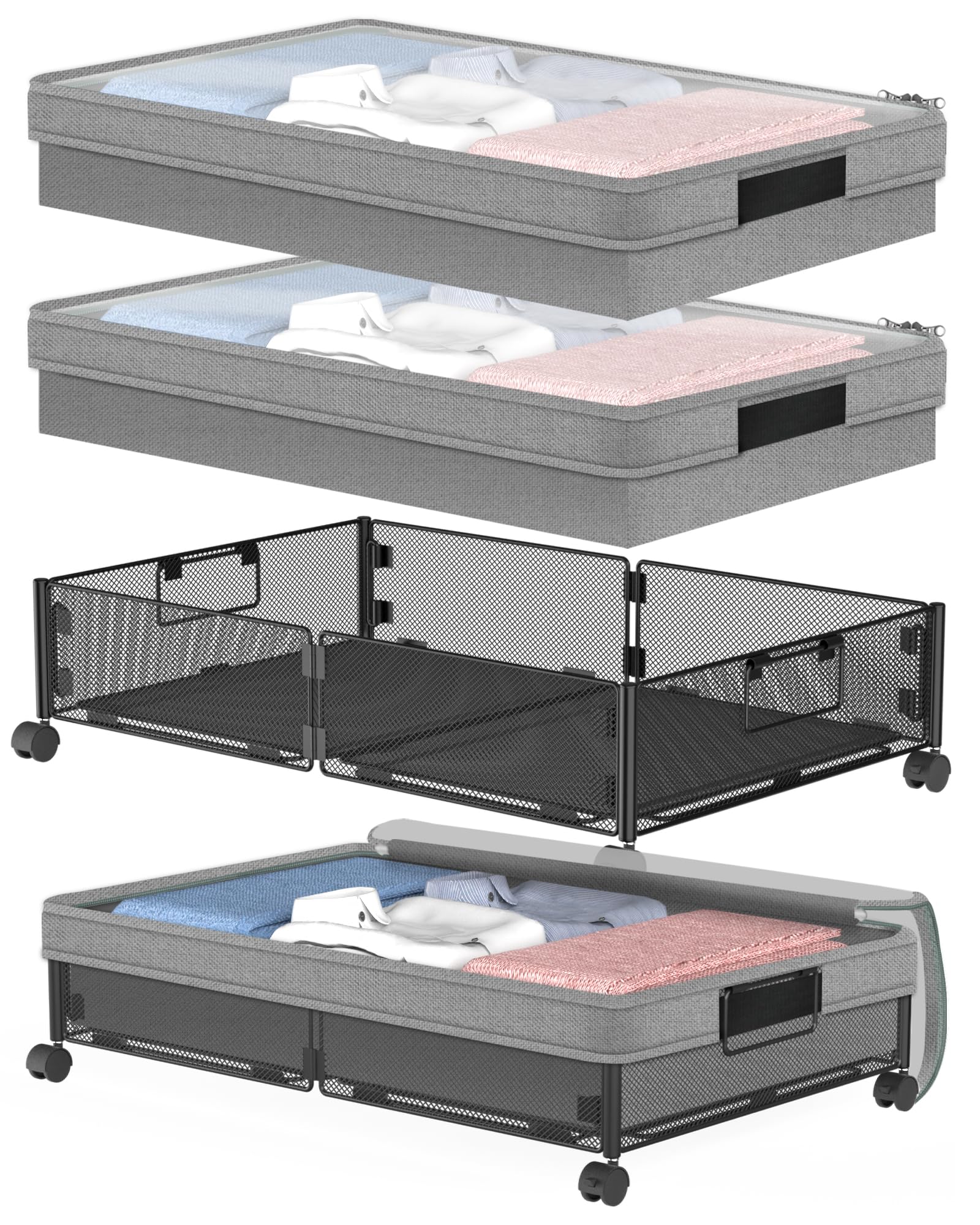 VyGrow Metal Under Bed Storage Containers 2Pack, Rectangular with Wheels & Removable Dust Bags, 24"L x 15.8"W x 5.9"H, 26L Capacity Each