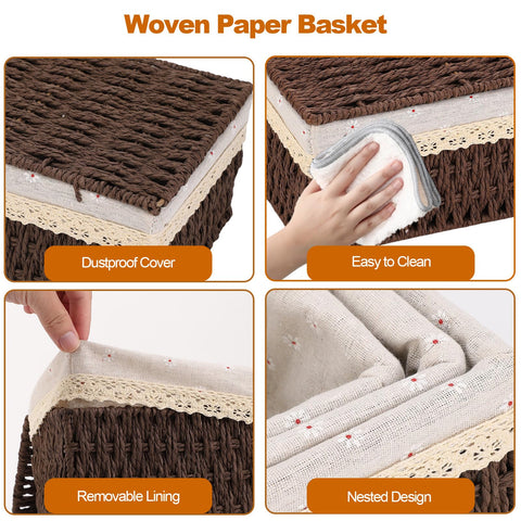 MEKOTRIN Set of 3 Storage Baskets with Lids, Paper Rope Woven Storage Baskets, Boho Decor Handmade Hamper Baskets with Removable Lining for Shelves