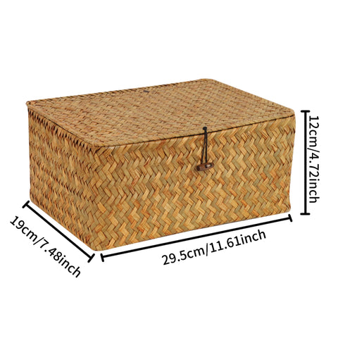 FEIALNDUO Wicker Shelf Baskets with Lid,Seagrass Storage Basket Bins Rectangular Handwoven Basket Boxes for Shelves Desktop Home Organizer