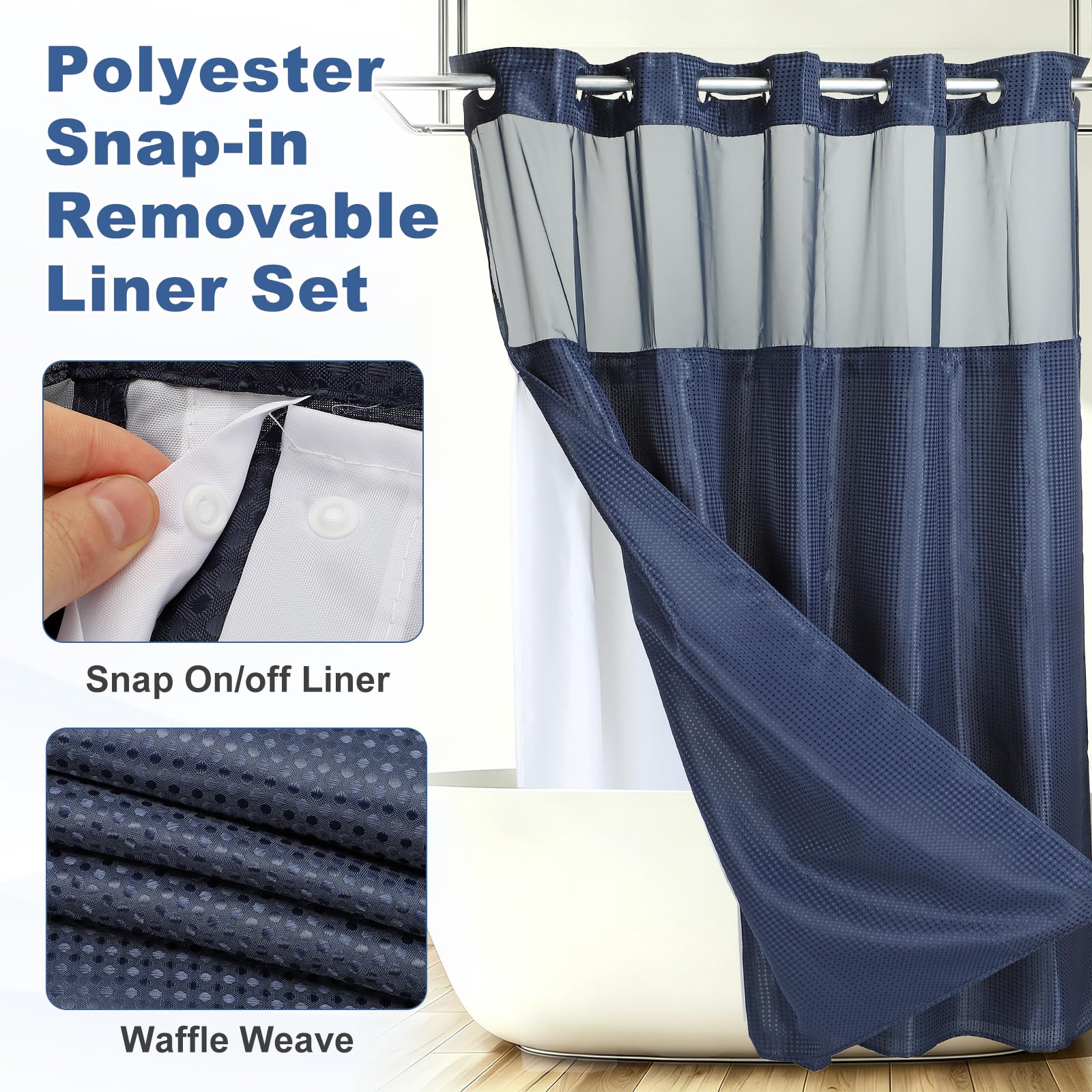 DTGN No Hook Shower Curtain, 180Wx183L cm Polyester Snap-in Removable Liner Set, Waterproof Washable Waffle Weave Textured Shower Curtains for Home