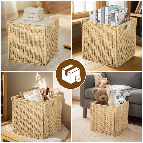 Collapsible Storage Basket 2 pcs, storage boxes for shelves, With Insertion Handle,12 * 12 * 12 In Hand-Woven Seagrass Storage Basket