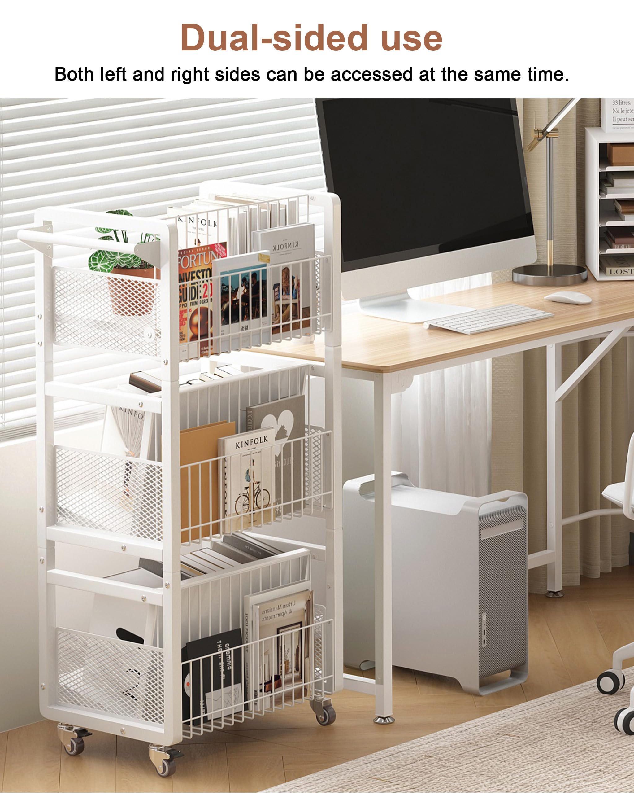 Ornestia Book Trolley,Mobile Bookshelf Organiser with Lockable Wheels,White