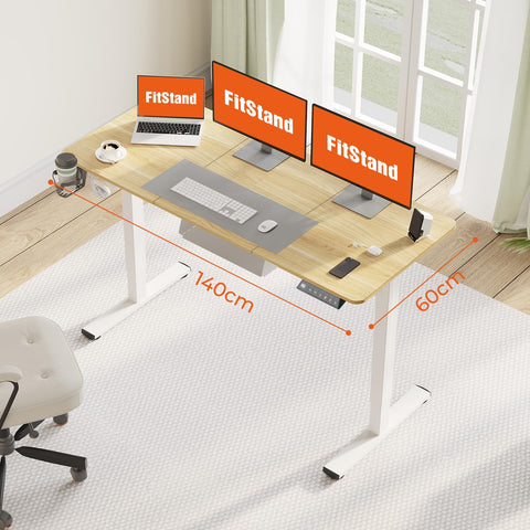 FitStand 140x60cm Electric Height Adjustable Standing Desk, Sit Stand Desk with Cablemanagement, Computer Desk With Hooks, Child Lock