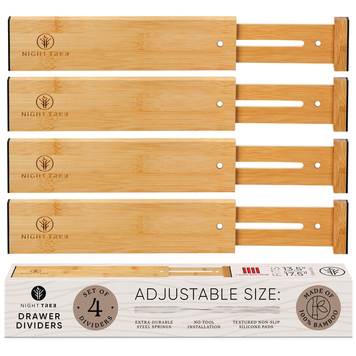 Night Tree Expandable Bamboo Drawer Dividers – Spring-Loaded Wooden Organizers for Clothes, Kitchen Utensils, Bathroom, and Dresser Drawers