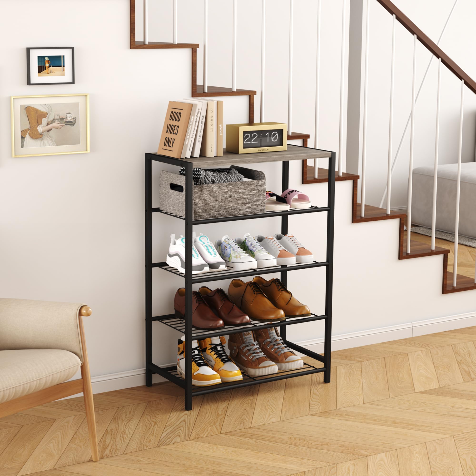 HOME BI 5-Tier Industrial Shoe Rack, Metal Storage Organizer, Durable Shoe Organizer Shelf for Closet, Hallway, Entryway, Living Room, Washed Gray