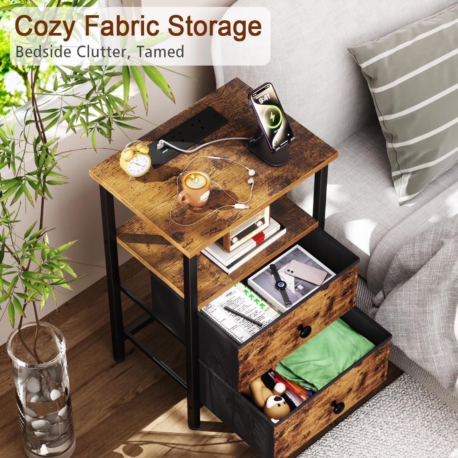 LOAKEKEL Bedside Table with Charging Station, Side Table for Bedroom
